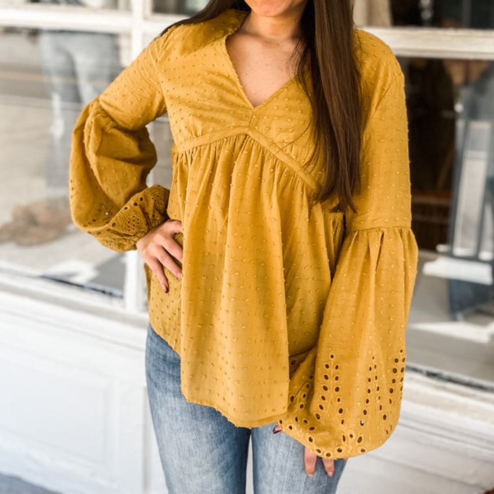 By together mustard yellow embroidered swiss dot eyelet lace print blouse